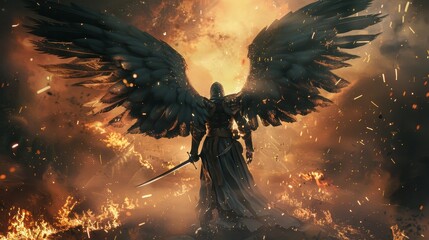 The Fallen Angel, Digital Painting, Black Wings, Fire, Sword, angel, dark, wings, fire, fantasy, warrior