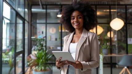 brunette woman wearing a suit holding a tablet and smiling at the camera in an office