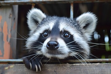 Fototapeta premium Curious Raccoon Peeking Out from Wooden Shelter in Forest