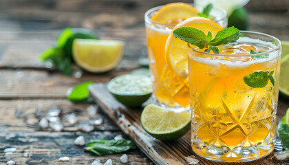 Fototapeta premium Golden Ginger Ale Beer Cocktail with Lime, Lemon and Mint in glaass on wooden table, copy space