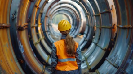 Woman in Hard Hat and Safety Vest Standing Before a Tunnel of Pipes, Construction, Industrial, Infrastructure, Safety