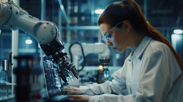 Woman Scientist Uses a Robotic Arm and Microscope in a Laboratory, robotic arm, microscope, science, laboratory, research