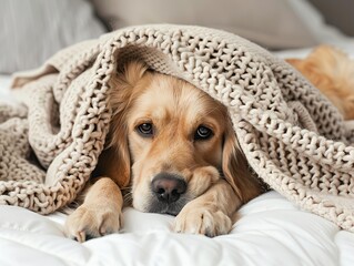 Close - up shot of a cute Golden Retriever dog hiding underneath a blanket, Generative AI