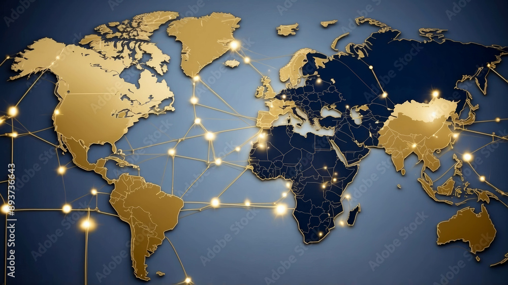 Poster a world map with illuminated nodes and connecting lines, highlighting a global network of connectivi