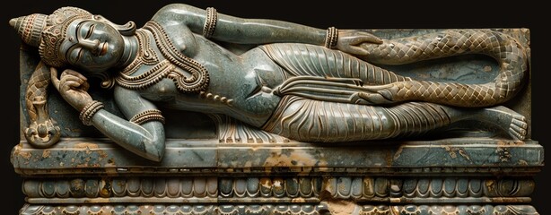 Design an image of Vishnu in his Ananta Shayana pose, lying on the serpent Adishesha