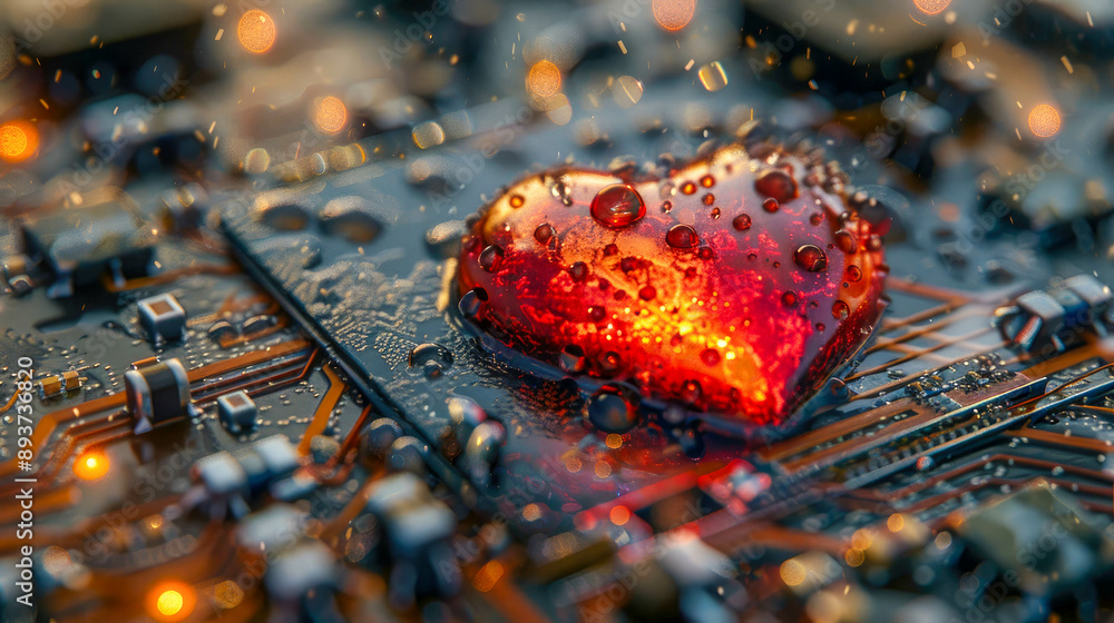 Poster heart on circuit: a glowing heart shape integrated into a computer circuit board, symbolizing techno