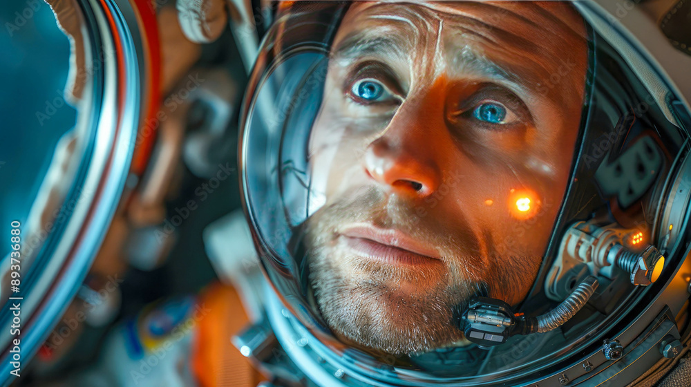Poster a man in a spacesuit looking out of a spaceship window with a focused expression
