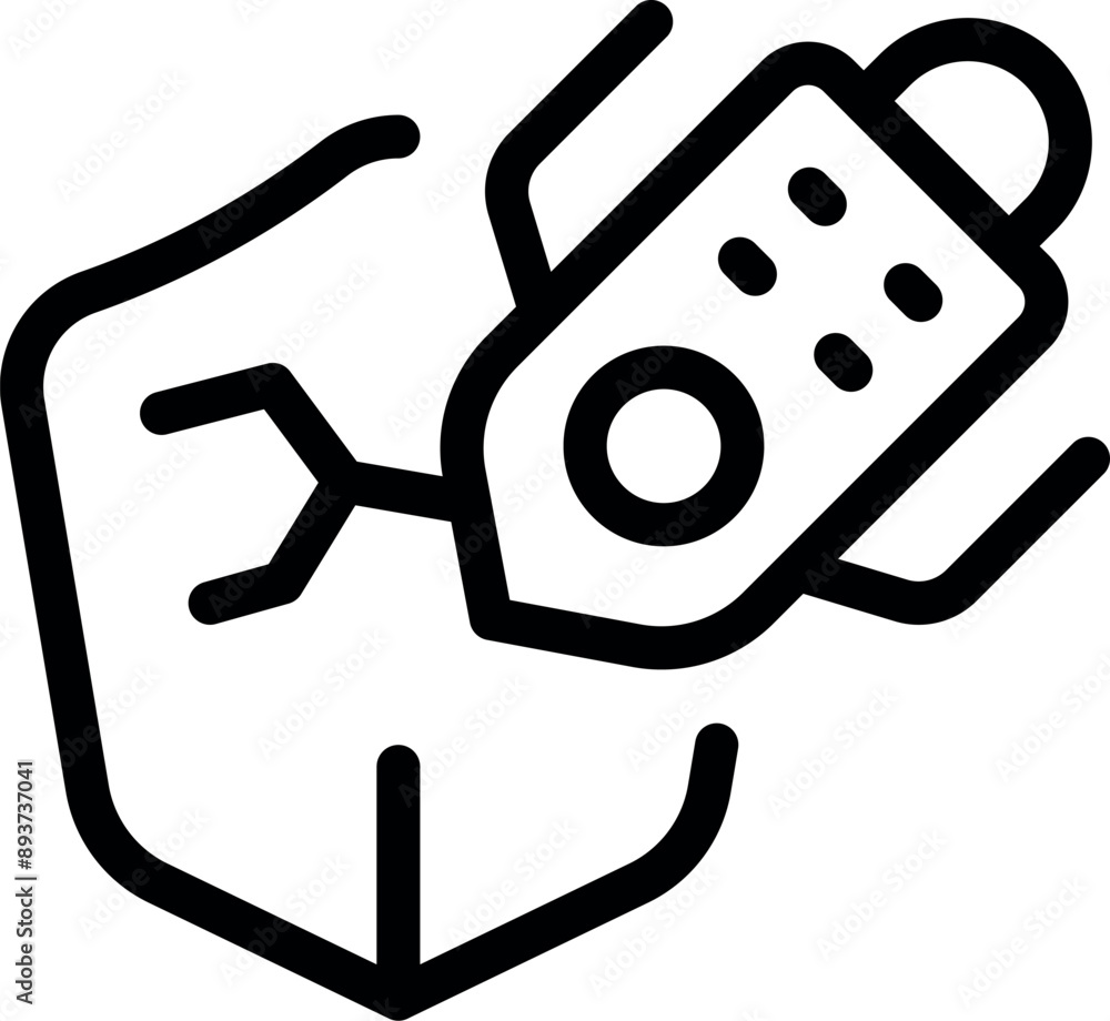 Poster line icon of a robotic arm placing a microchip on a circuit board, representing automated electronic