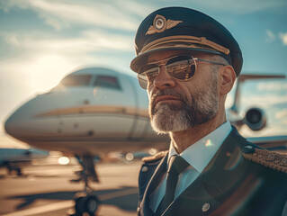 Confident Pilot in Airplane Cockpit with Focused Expression Overlooking Sky