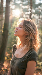 Naklejka premium A woman is sitting in the woods, looking up at the sun