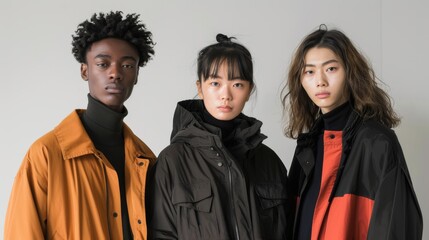Fototapeta premium Global Streetwear: A trio of diverse models showcase contemporary urban fashion, their bold looks reflecting individuality and style. 