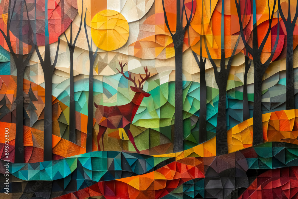 Poster abstract interpretation of a deer walking through the forest with geometric shapes and bright colors