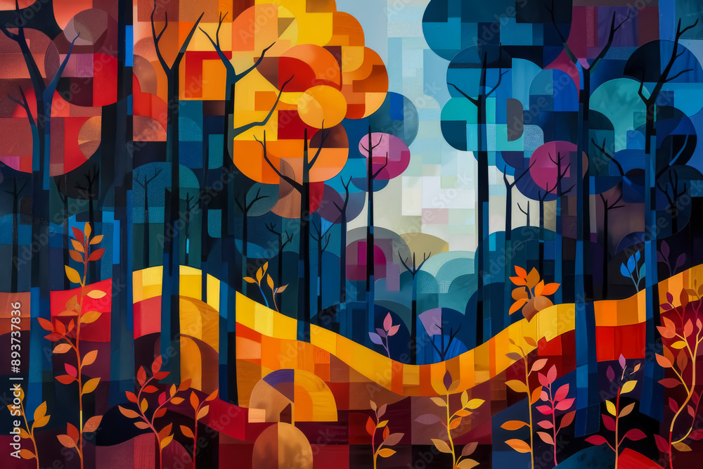 Poster an abstract interpretation of a forest with geometric shapes and vibrant colors. an artistic composi