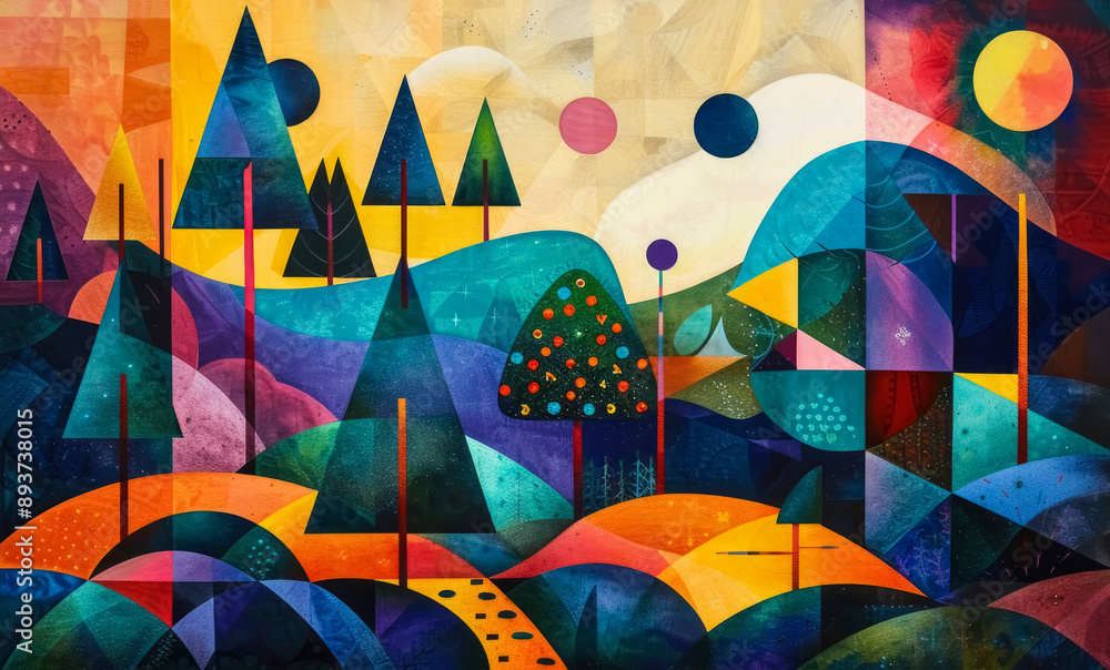 Poster an abstract interpretation of a forest with geometric shapes and vibrant colors. an artistic composi