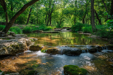 Fototapeta premium Charming forest landscape with a calm forest stream. Reflections of trees and sky flickering on the surface of the water. Green surroundings with moss-covered rocks and wildflowers.