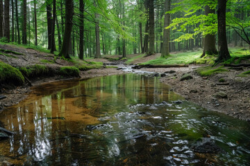 Charming forest landscape with a calm forest stream. Reflections of trees and sky flickering on the surface of the water. Green surroundings with moss-covered rocks and wildflowers.