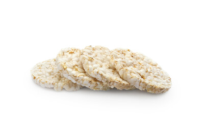 Round puffed rice crispbread isolated on white background. Grain rice cakes for healthy snacks.            