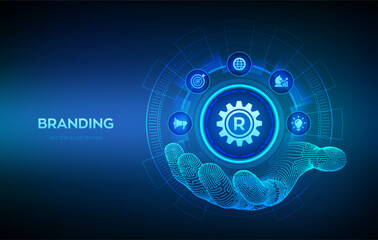 Branding. Brand marketing and management icon in wireframe hand. Branding or rebranding. Digital marketing, target, advertising, innovation, strategy, awareness technology concept. Vector illustration