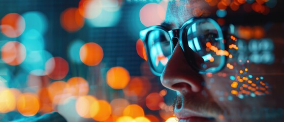 Commerce merchant with computerized operations, reflecting innovation selective focus, copy space, dynamic, Double exposure, digital trading floor backdrop