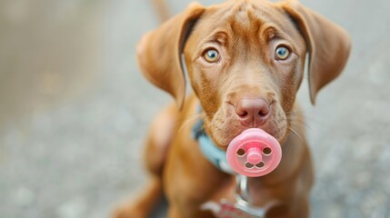 Dog wearing pacifier Enjoyable companion