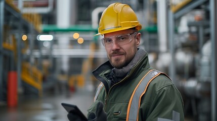 Fototapeta premium Employee wearing IoT device, tracking work progress, industrial