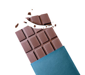 Broken bar of dark chocolate in wrapper close up isolated on a white background