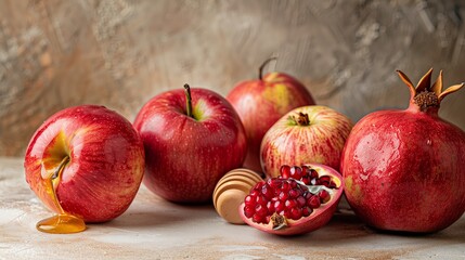Artful Arrangement of Apples Honey and Pomegranates