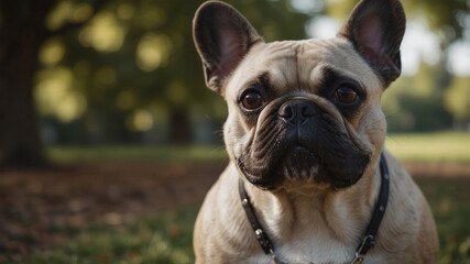 Obraz premium Cute french bulldog in the park. Outdoor pet portrait. 