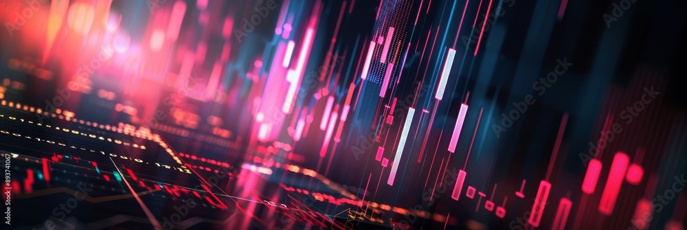 Aufkleber an abstract digital visualization of financial stock data with neon lights, displaying futuristic gr
