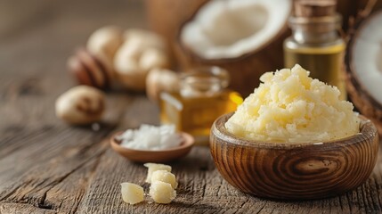 Fototapeta premium Shea butter, coconut oil, beeswax, essential oils, natural cosmetic ingredients, still life, skin care
