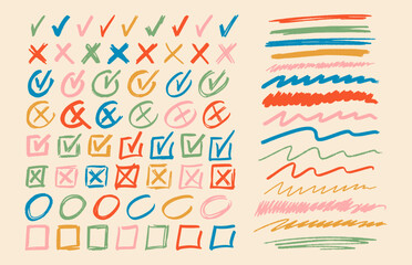 Colorful Vector Set Of Hand-drawn Checkmarks, Crosses And Lines In Sketchy Style, Presented On A Beige Background