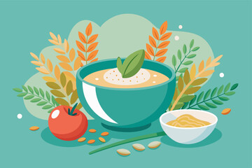 A bowl of soup with a spoon in it surrounded by vegetables on a table. On the table, there is a bowl of soup with a spoon in it, surrounded by an assortment of fresh vegetables