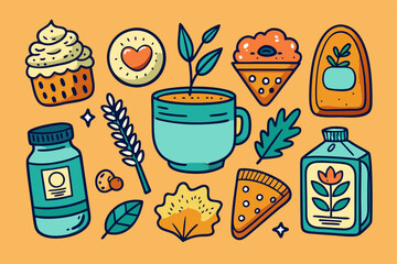 Many types of food and drinks shown in the illustration. The illustration features a wide variety of food and drinks on display, including different types of drinkware and tableware in a colorful 