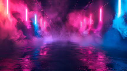 A dark room with neon lights and smoke. Scene is mysterious and eerie