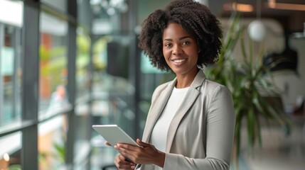brunette woman wearing a suit holding a tablet and smiling at the camera in an office