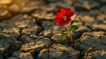 A lone red flower blossoms in parched cracked soil symbolizing resilience and lifes tenacity