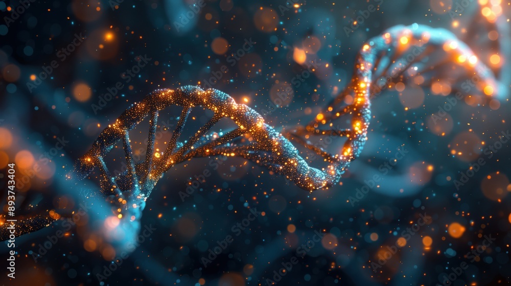 Poster glowing dna helix with particle effects. close-up of a glowing dna helix, surrounded by particle eff
