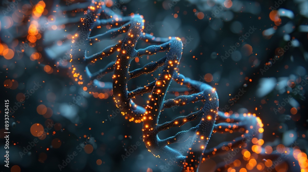 Poster illuminated dna strand with abstract background. illuminated dna strand set against an abstract, bok