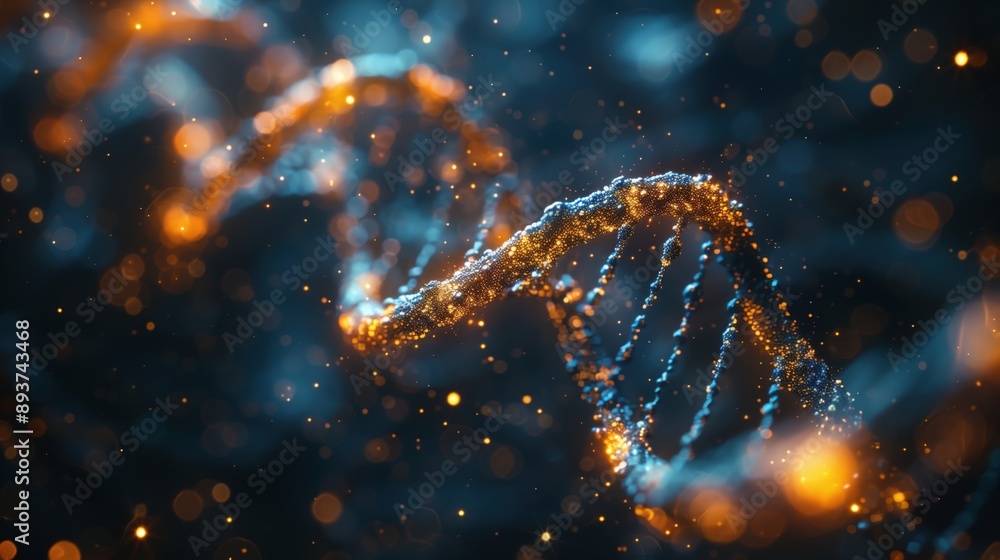 Poster dna structure with vibrant particle effects. dynamic image of a dna structure with vibrant particle 