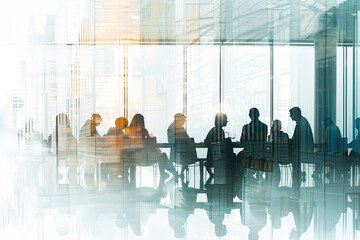 A group of business professionals gathered in a boardroom with glass walls, depicted in the style...