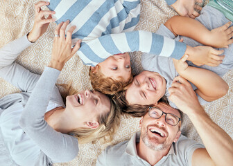 Above, family or play on blanket for picnic, summer fun or relationship development in Australia....