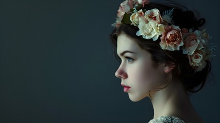 Naklejka premium Woman with Floral Headpiece: A woman wearing a delicate floral headpiece, looking pensively to the side. 