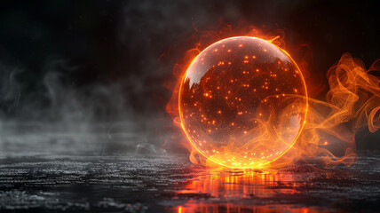 Crystal ball on fire on a dark background close-up