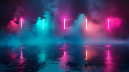 Obraz premium A neon sign with smoke and lights in the background. The lights are in different colors and the smoke is purple