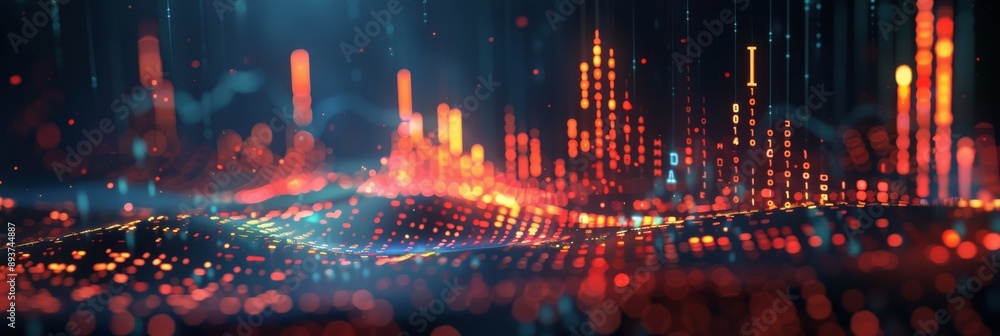 Poster abstract financial data visualization with glowing lines and dots in red and blue hues. futuristic t