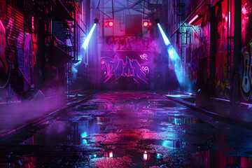 A neon lit alleyway with graffiti on the walls. The graffiti reads "Dance". Scene is energetic and vibrant, with the neon lights and graffiti creating a sense of excitement and movement