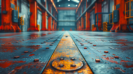 A rusty, industrial metallic floor with bolts and rivets leads to a blurred background of an empty warehouse; ideal for themes of industry, manufacturing, and abandoned spaces,
