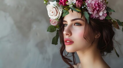 Naklejka premium Woman with Floral Headpiece: A woman wearing a delicate floral headpiece, looking pensively to the side. 