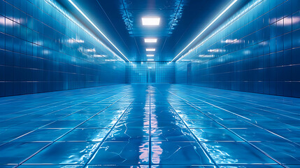 A futuristic, blue-tiled hallway illuminated by sleek overhead lights, reflecting a modern, clean, and high-tech aesthetic, Ideal for backgrounds, presentations, or sci-fi related themes,