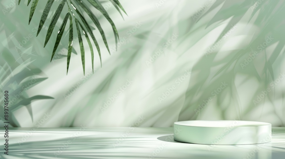 Aufkleber simplified backdrop for cosmetic product presentation with empty podium and tropical palm leaf shado